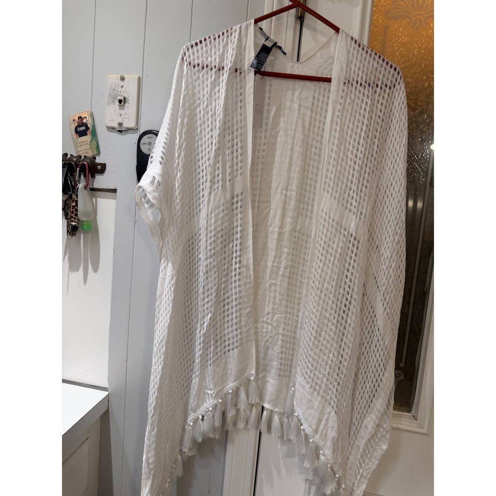 White House Black Market Sheer Grid Burnout Tassel Fringe Wrap Cover Up White OS